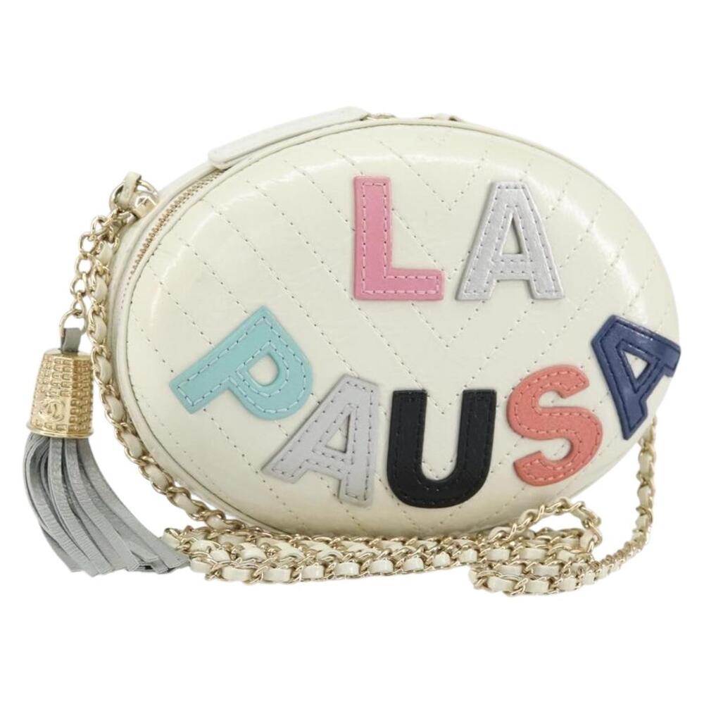 CHANEL V Stitch Chain Shoulder Bag Leather White Gold CC Auth 144830AV